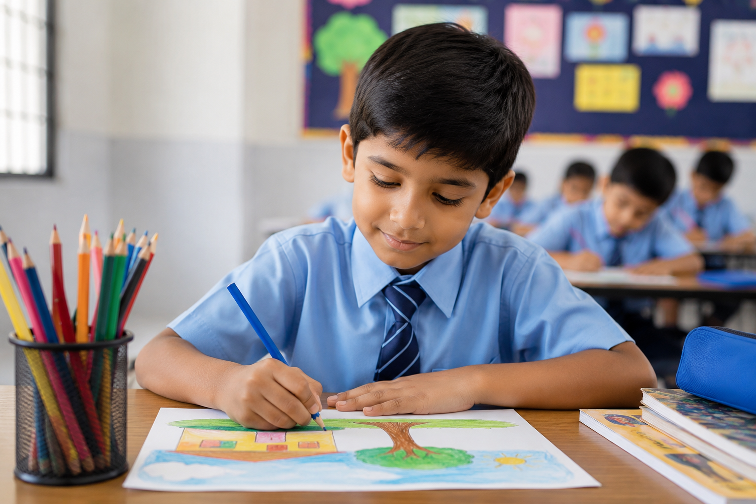 A child is drawing in his classroom